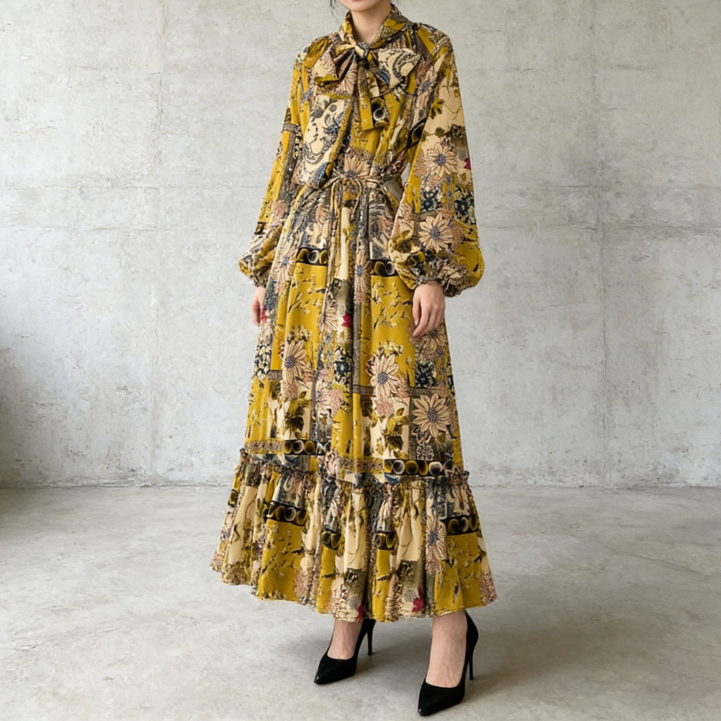 【ワンピース】レトロ風 長袖 リボン付き ウエストマーク Aライン 花柄プリント ランタンスリーブ ワンピース エレガント ロングワンピース レディース【SHシリーズ】