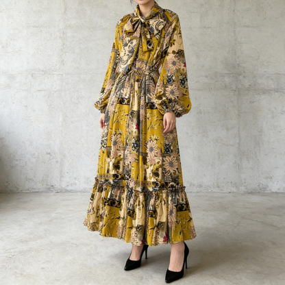 【ワンピース】レトロ風 長袖 リボン付き ウエストマーク Aライン 花柄プリント ランタンスリーブ ワンピース エレガント ロングワンピース レディース【SHシリーズ】