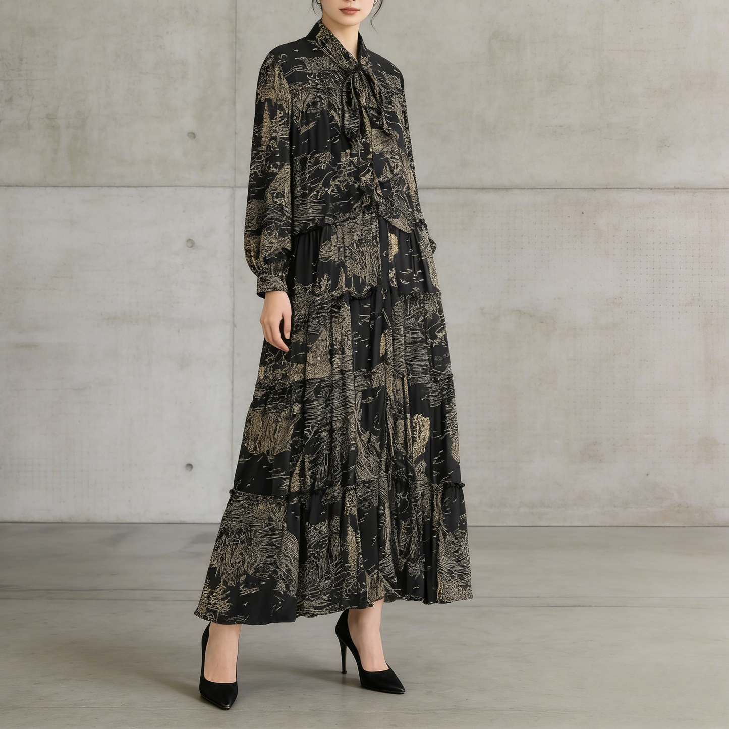 【ワンピース】プリントVネック お腹周りカバー フリル 長袖 ワンピース 【SHシリーズ】