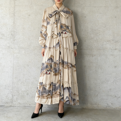 【ワンピース】プリントVネック お腹周りカバー フリル 長袖 ワンピース 【SHシリーズ】