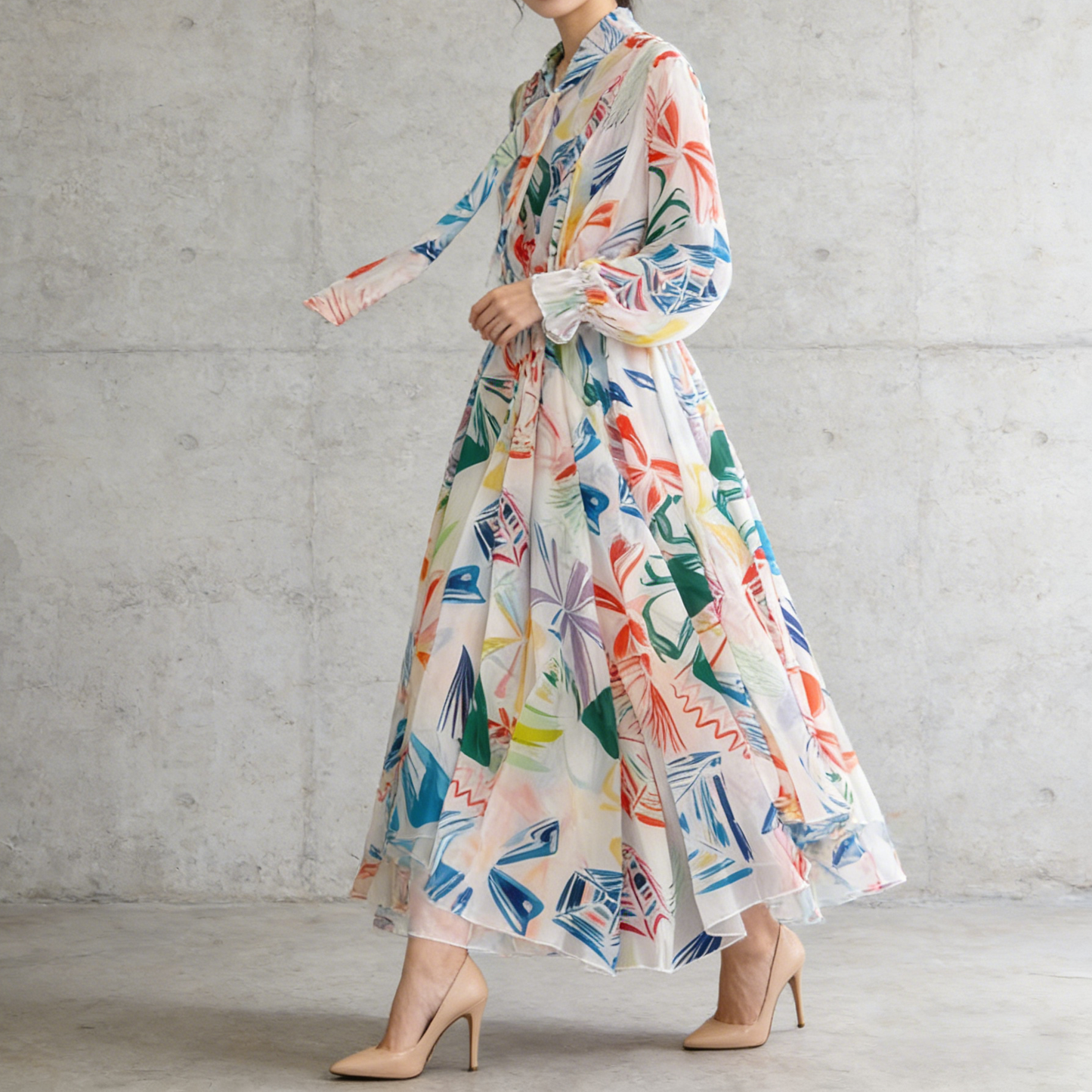 【ワンピース】フレンチエレガンス 気質 レディース シフォン 長袖ワンピース 蝶結びネック フレア 大人可愛い【SHシリーズ】