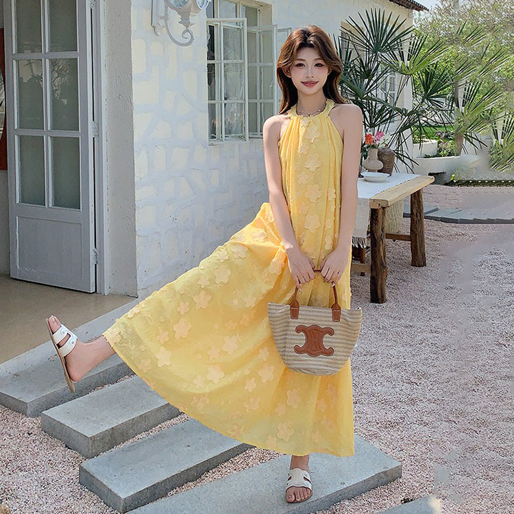 【ワンピース】夏 花柄 イエロー ハイネックキャミノースリーブワンピース 気質溢れる優しげロングドレス【SHシリーズ】