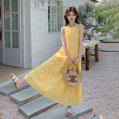 【ワンピース】夏 花柄 イエロー ハイネックキャミノースリーブワンピース 気質溢れる優しげロングドレス【SHシリーズ】