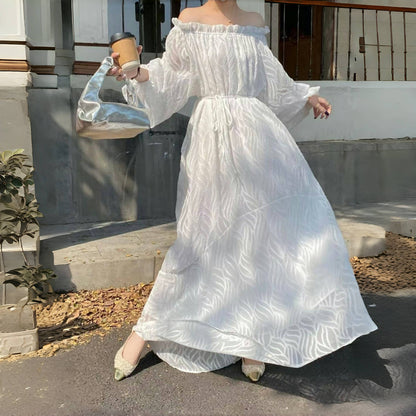 [洋裝] 韓版春夏露肩圓領2way寬鬆長袖連身裙