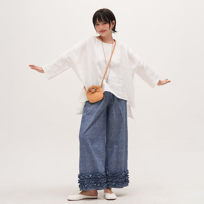 【トップス】天然高密度リネン ゆったりシルエット プルオーバーシャツ 夏用 薄手 大きいサイズ 長袖ブラウス【JZシリーズ】