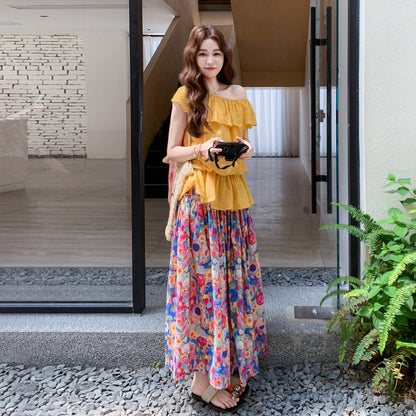 2点セット！【セットアップ】ドーパミンコーデ フリル刺繍トップス＋油絵風スカート 上下セット【SHシリーズ】