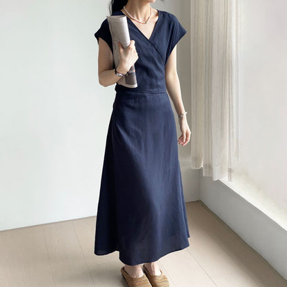 【ワンピース】リネンワンピース レディース フレンチ風 Vネック ウエストリボン Aライン ロング丈 通勤 体型カバー 夏新作【JZシリーズ】