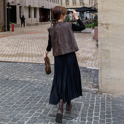 2点セット！【セットアップ】フレンチデザイン プリーツワンピース＋ベスト セット 秋新作 大人カジュアル ファッションコーデ【JZシリーズ】