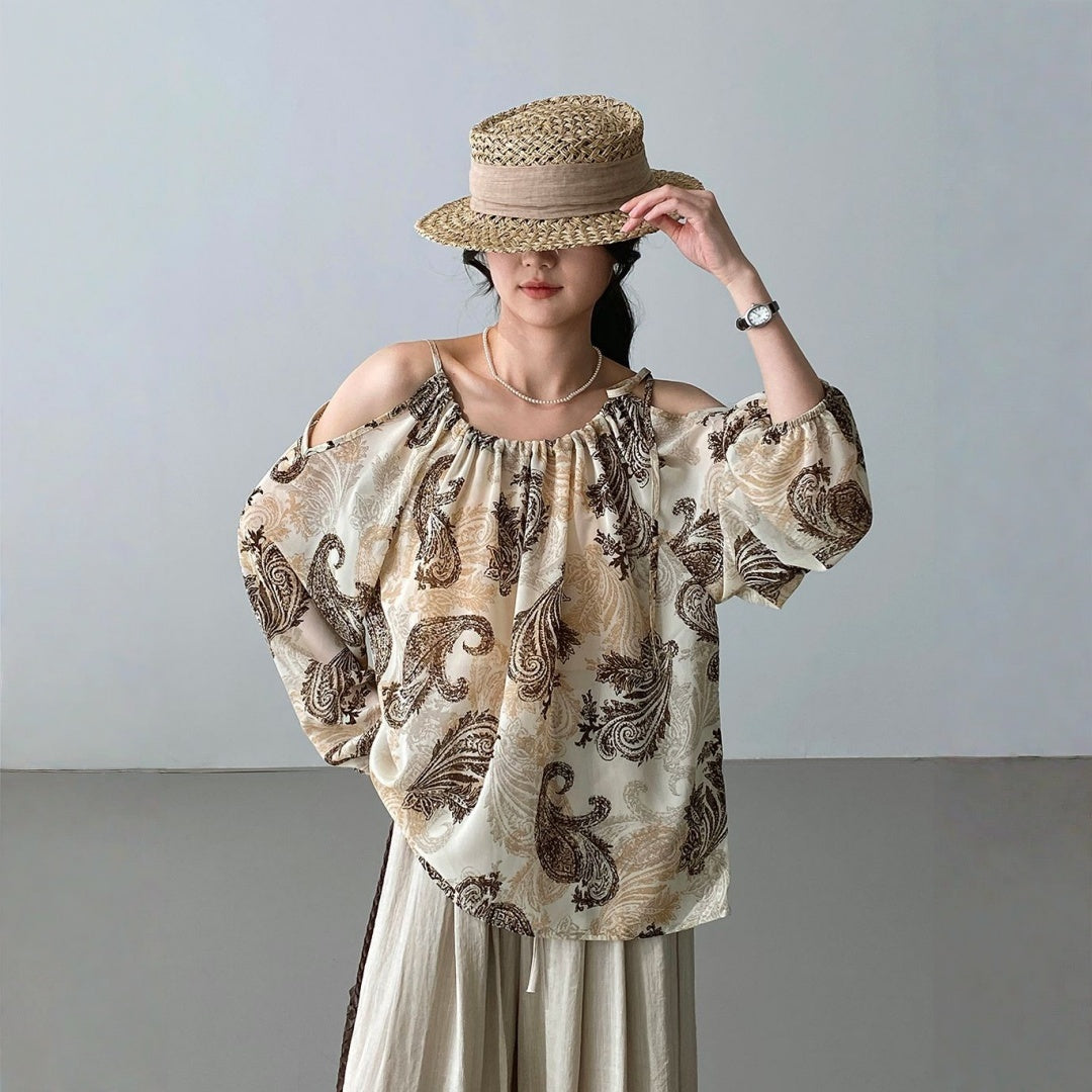 【トップス】小島のそよ風 水墨プリント ハイネック オフショルダー 若見え シャツ【SHシリーズ】