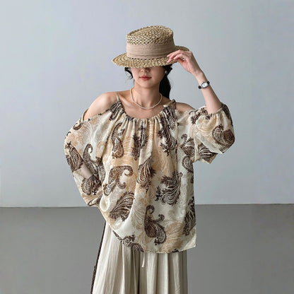 【トップス】小島のそよ風 水墨プリント ハイネック オフショルダー 若見え シャツ【SHシリーズ】