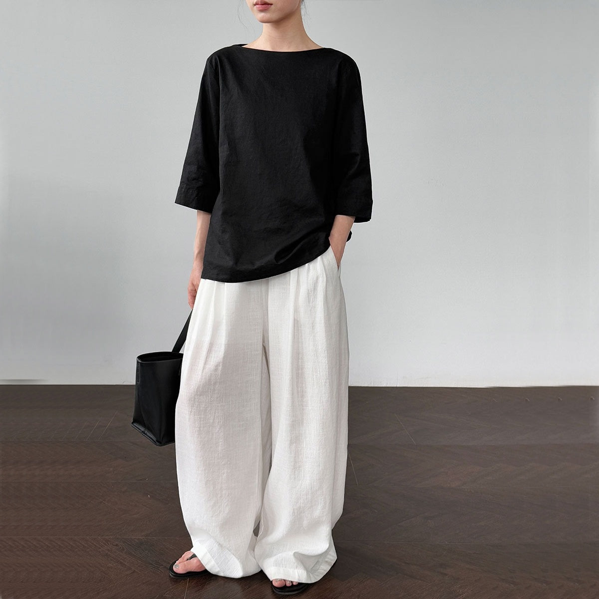 【トップス】夏 オフショルダー 七分袖 綿麻 シャツ  【SNシリーズ】