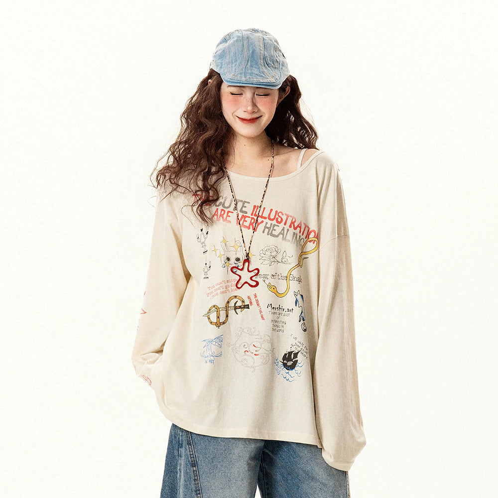 【トップス】ゆったり 趣味落書き風 ラウンドネック 長袖Tシャツ レディース 夏 薄手 カジュアル【FCシリーズ】【15〜20日発送】