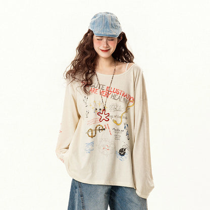 【トップス】ゆったり 趣味落書き風 ラウンドネック 長袖Tシャツ レディース 夏 薄手 カジュアル【FCシリーズ】【15〜20日発送】