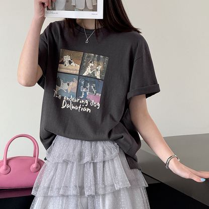 【トップス】犬プリントTシャツ レディース 夏新作 半袖 ゆったり カジュアル カップルコーデ【JZシリーズ】