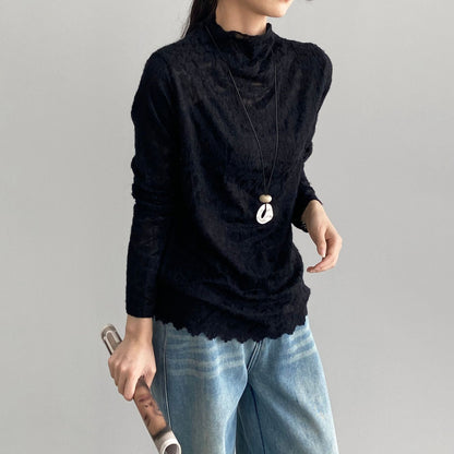 5カラー【トップス】韓国風オフィスカジュアル 大人可愛い レースインナー レディース ハーフハイネック テクスチャー感 Tシャツ【JZシリーズ】