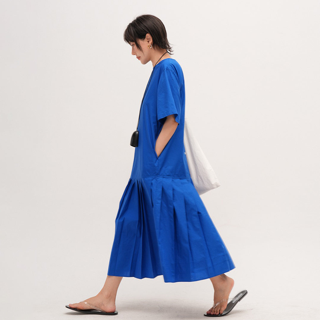 【ワンピース】クラインブルー  ラウンドネック 半袖ワンピース 夏用 薄手 大きいサイズ レトロロングドレス【JZシリーズ】