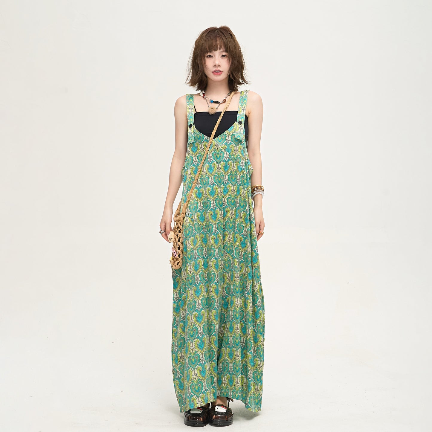 【ボトムス】フレンチレトロ感 清涼感たっぷり Vネックワイドサロペット ミントブルーグリーン オールインワン【SHシリーズ】