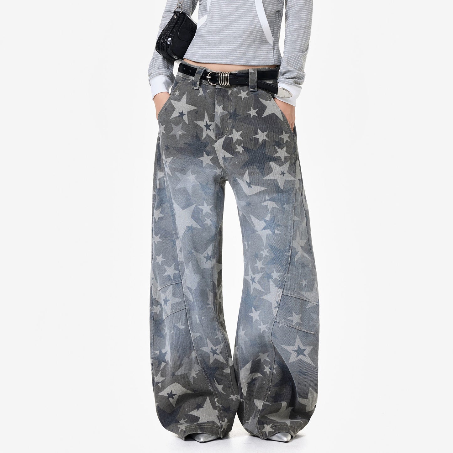 【ボトムス】アメリカンストリート スター総柄 ウォッシュ加工 カーブデニム レディース ワイドパンツ【FCシリーズ】
