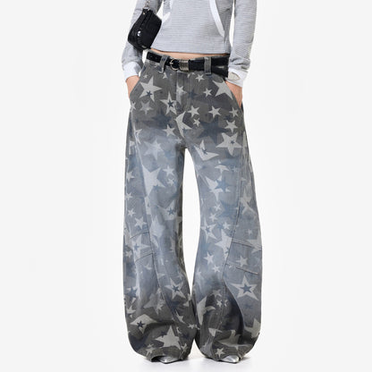 【ボトムス】アメリカンストリート スター総柄 ウォッシュ加工 カーブデニム レディース ワイドパンツ【FCシリーズ】