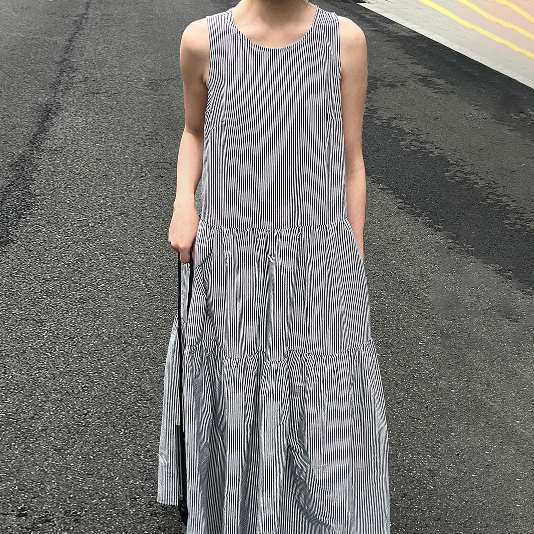 【ワンピース】トロシンプル ストライプ柄 細見え 夏新作 ゆる感 ノースリーブワンピース【JZシリーズ】