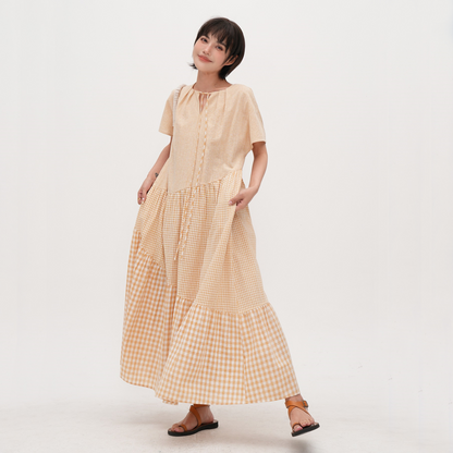 【ワンピース】【15～18日内発送】夏 クリームイエロー チェック柄 	Vネック 切り替えデザイン 半袖ワンピース 【JZシリーズ】