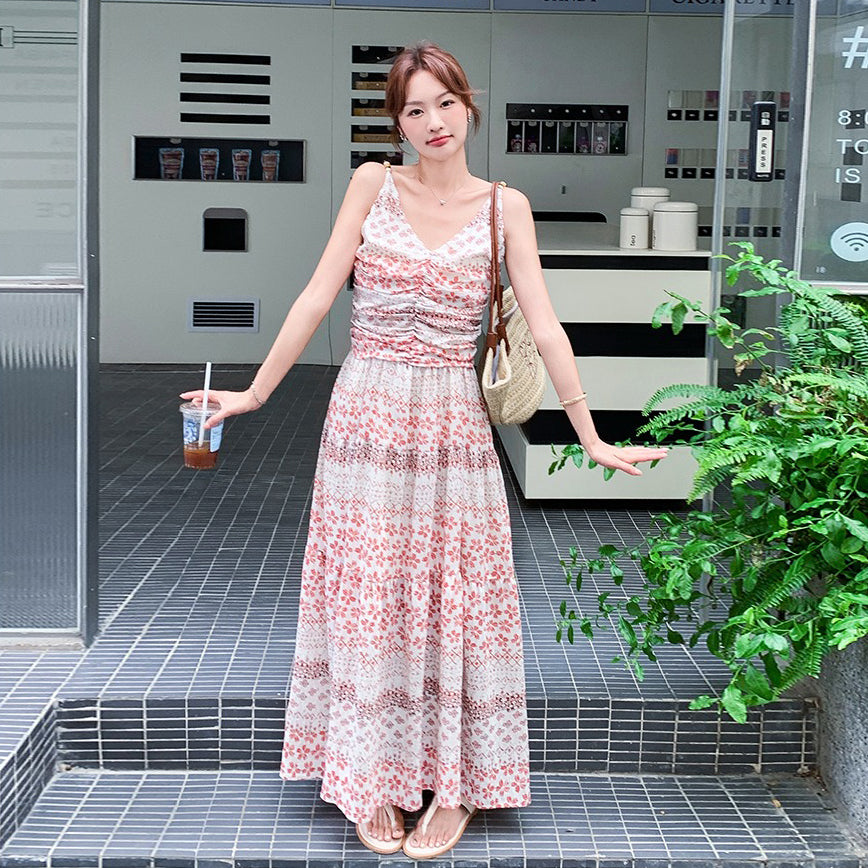 【ワンピース】ボヘミアン 花柄 Vネック ノースリーブワンピース レディース 夏 フレンチ風 大人っぽく 美しい リゾート フレアロングドレス【SHシリーズ】【JZシリーズ】