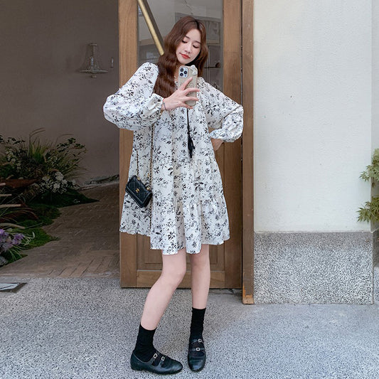【ワンピース】花柄 ミニ丈 長袖ワンピース 春夏秋 体型カバー 細見え 着回し万能【SHシリーズ】