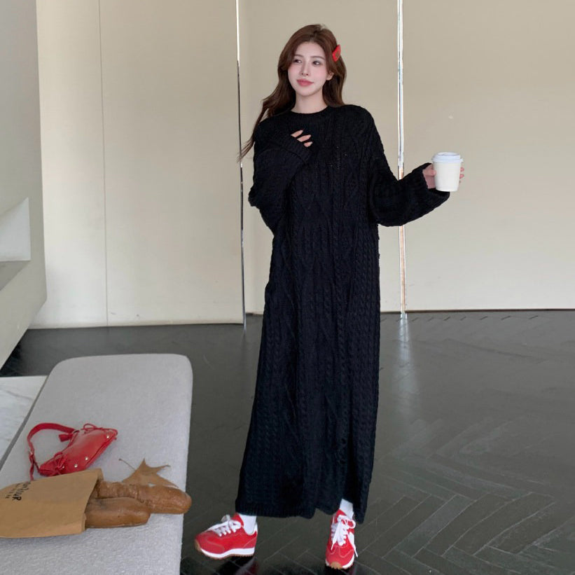 【ワンピース】大きいサイズダメージ加工ニットワンピース レディース 秋冬新作 クルーネック ゆったり ロング丈【JZシリーズ】