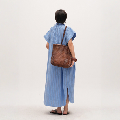 【ワンピース】【15～20日内発送】ノースリーブ  ストライプ フリルカラー リボン付き ウエストマーク ワンピース 【JZシリーズ】