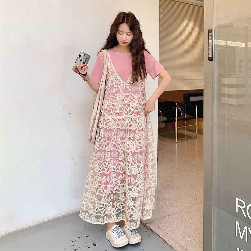 2点セット！【セットアップ】夏新作 シアーシャツ＋Tシャツワンピース レイヤード風 ゆったり 体型カバー カジュアル きれいめ【SHシリーズ】