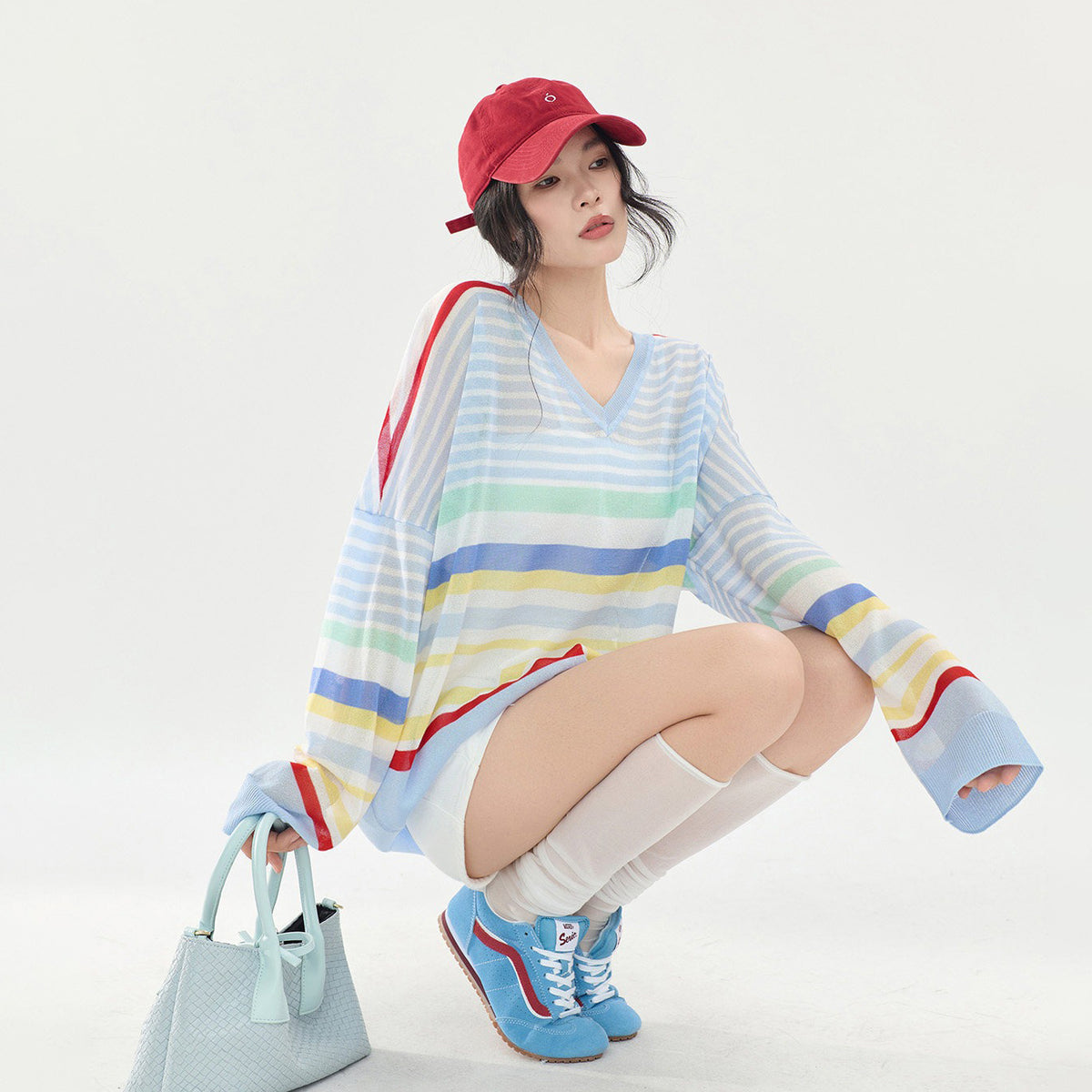 【トップス】カラーボーダーVネックニットトップス レディース 夏新作 長袖 薄手 透け感 シアー ゆったり Tシャツ【FCシリーズ】