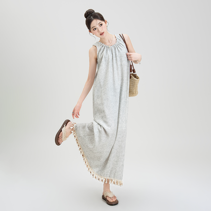 【ワンピース】ボヘミアン 夏新作 ゆったりスリム シェアードノースリーブタイダイワンピース【JZシリーズ】