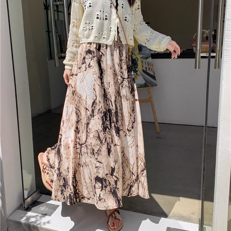 【ボトムス】ハイウエスト レトロ水墨柄 フレアロングスカート Aライン シフォンスカート【SHシリーズ】