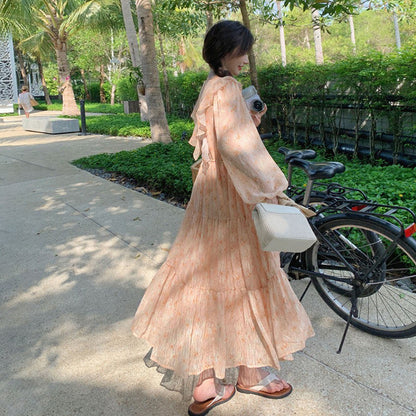 【ワンピース】フレンチ風フリル花柄 長袖ワンピース 細見え フェミニン ロングドレス 爆発ヒット【SHシリーズ】