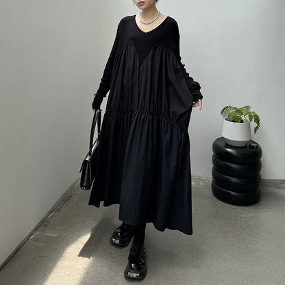 【24AW】【ワンピース】日系 気質よい ニット生地 切り替えし Vネック 長袖ワンピース