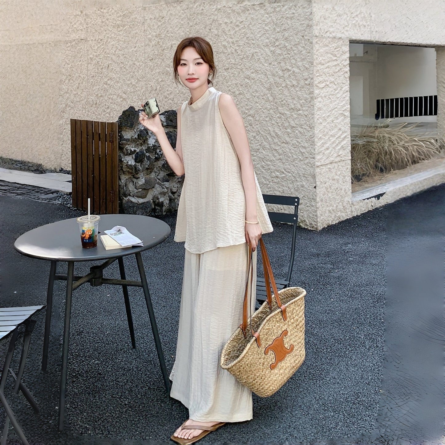 【セットアップ】あつさり 夏 新作 高級感 ゆったり ノースリーブトップス+ワイドパンツ 2点セット【JZシリーズ】