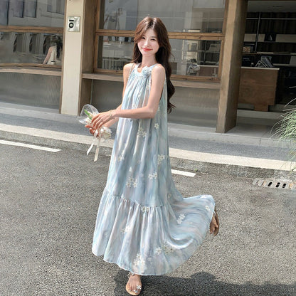 【ワンピース】リゾート風 ブルー立体フラワーワンピース レディース ノースリーブ ホルターネック 中長丈 ゆったり 体型カバー おしゃれ【SHシリーズ】