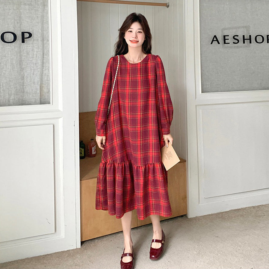 【ワンピース】レトロチェック ウエストマーク 長袖ワンピース レディース 春秋 上品フレンチ風 エレガント 【SHシリーズ】
