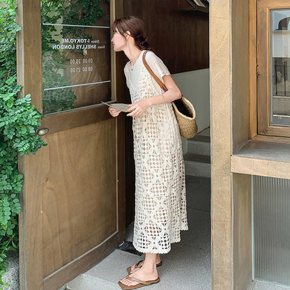 2点セット！【セットアップ】透かし編みカーデ+ 半袖ワンピースセットアップ｜激かわ映えロングワンピース【JZシリーズ】