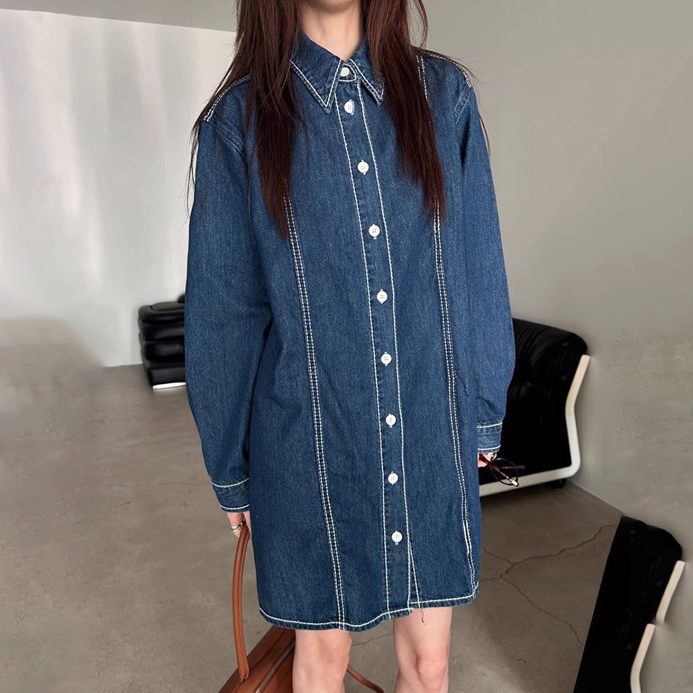 【24AW】【ワンピース】秋 高級感 レトロ ラペル ルーズ デニム 長袖ワンピース