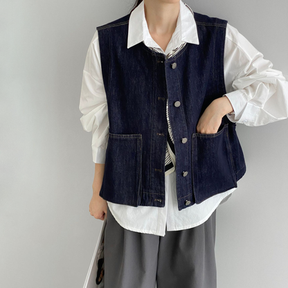 【トップス】レイヤードコーデ 秋 ヴィンテージデニムベスト レディース ポケット付き ゆったり カジュアル着回し ベストジャケット【JZシリーズ】