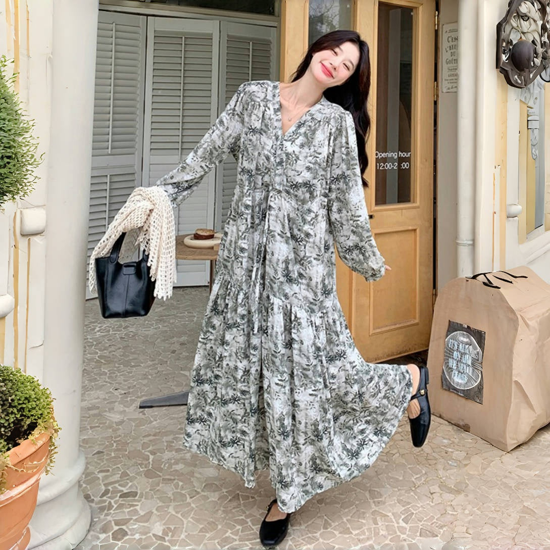 ベストプレゼント！【ワンピース】透かし編み 水墨画風花柄長袖ワンピース レディース 春秋 トレンド 超可愛い【SHシリーズ】