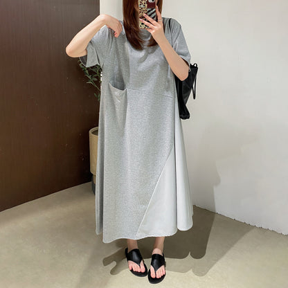 【ワンピース】カジュアル 斜め切替 シングルポケット 半袖Tシャツワンピース ゆったり ロング丈 夏新作【JZシリーズ】