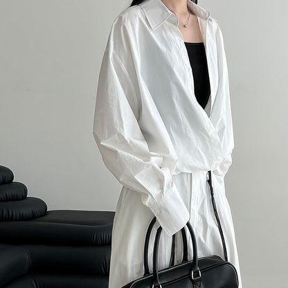 【トップス】韓国風 高品質 Vネック レイヤードシャツ レディース 秋 ゆるカジュアル デザイン感 裾ウエストマーク ブラウス【SNシリーズ】