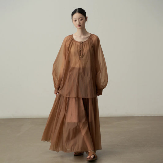 【セットアップ】【単品注文】シアーシャツ＆ロングスカート上下セット レディース 透け感 レイヤード リゾートコーデ【JZシリーズ】
