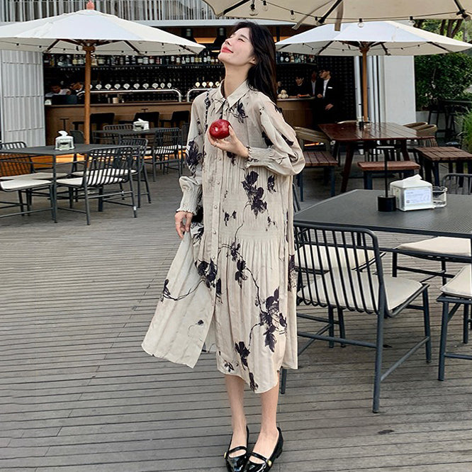 【ワンピース】新中華風 水墨花柄 長袖ワンピース レディース ハイウエスト Aライン トレンド【SHシリーズ】