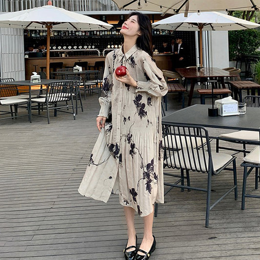 【ワンピース】新中華風 水墨花柄 長袖ワンピース レディース ハイウエスト Aライン トレンド【SHシリーズ】