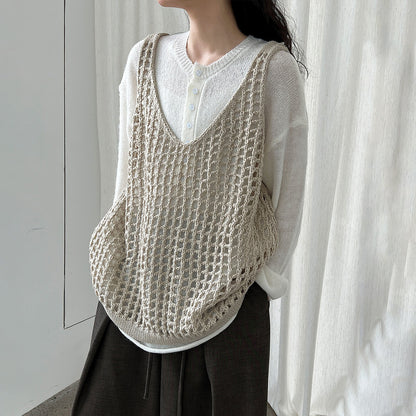 【トップス】ウール混 透かし編み ニットベスト｜Vネック×レイヤードに最適な秋トップス【JZシリーズ】