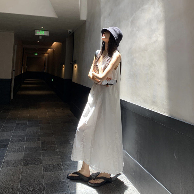 【ワンピース】ホワイト Vネック ノースリーブ Aライン ロング丈 リゾート風 ゆったり ナチュラル ワンピース【JZシリーズ】