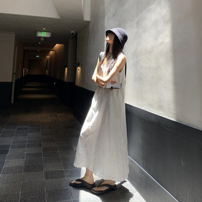 【ワンピース】ホワイト Vネック ノースリーブ Aライン ロング丈 リゾート風 ゆったり ナチュラル ワンピース【JZシリーズ】